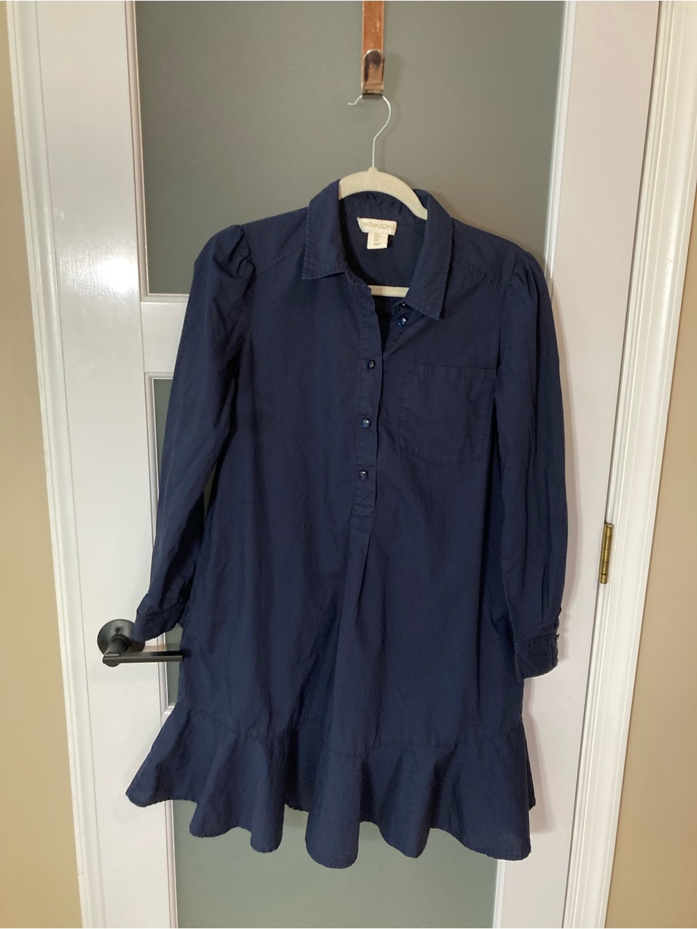 Cynthia Rowley Navy Blue Poplin Shirt Dress Ruffle Flounce Hem Pockets S